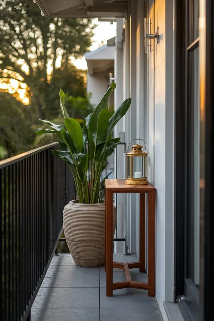 Slim console table styled beside small patio railing