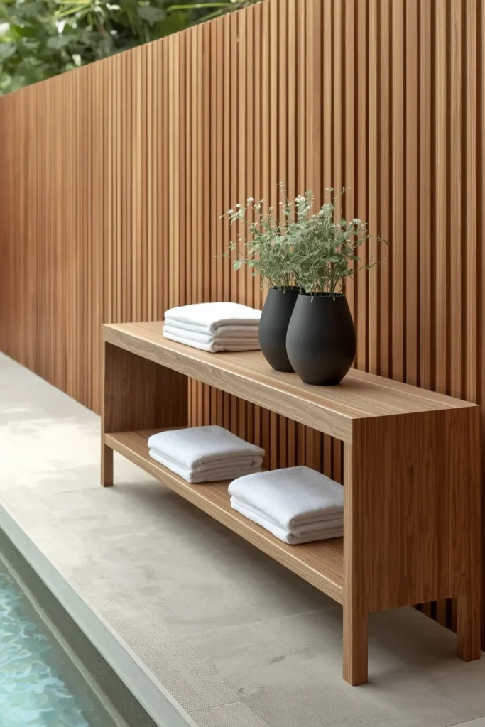 Slim console table storing towels near pool