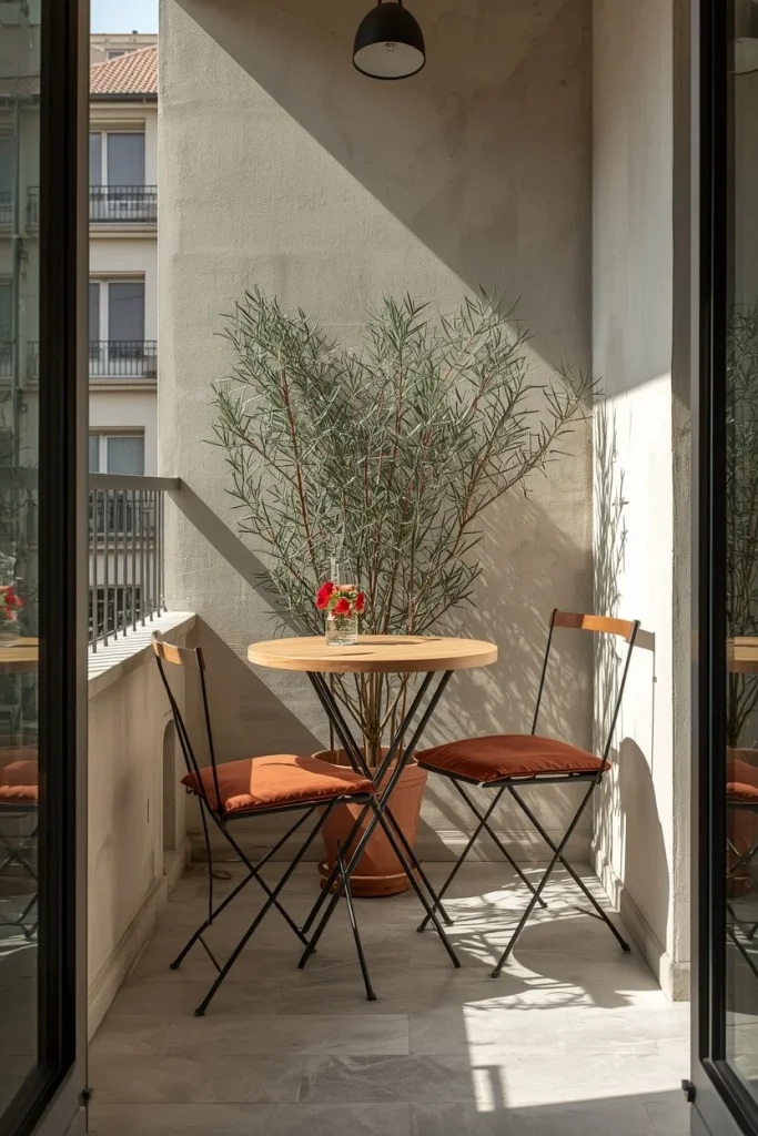 Small balcony with compact bistro table and two chairs