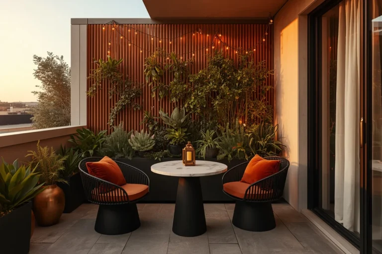 Small balcony with stylish furniture, plants, and warm lighting