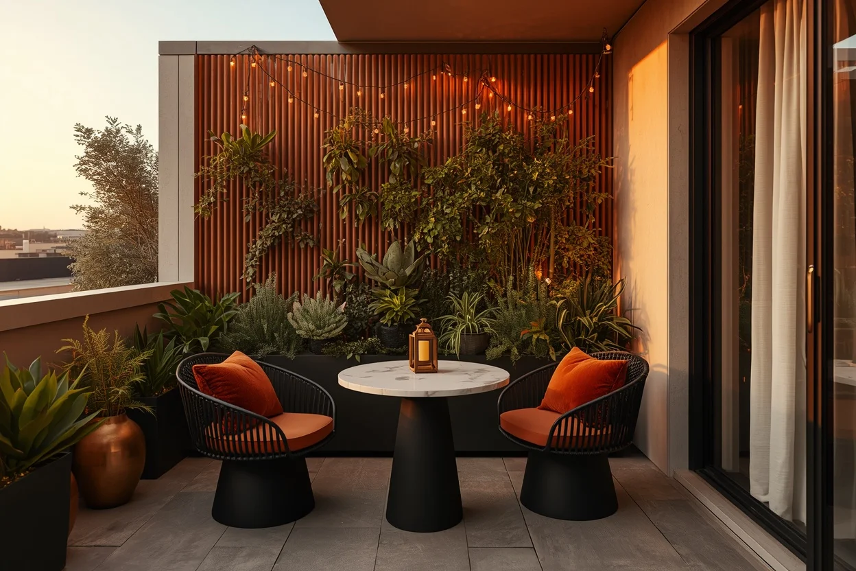 Small balcony with stylish furniture, plants, and warm lighting