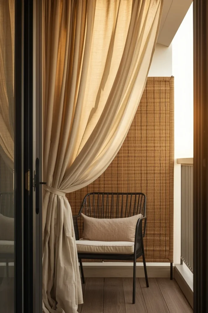 Light outdoor curtains providing privacy on a small balcony