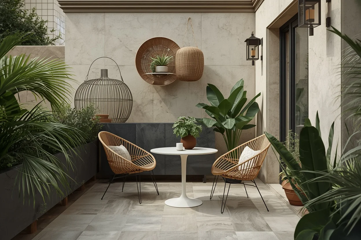 Stylish small patio with compact space-saving furniture