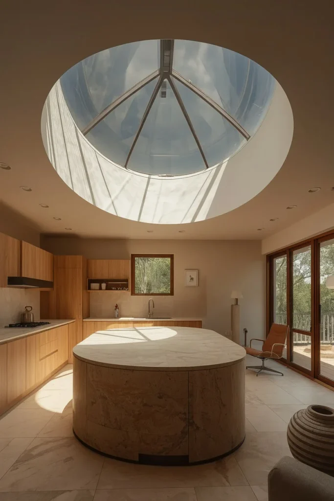 Smoked glass skylight bringing natural light into kitchen