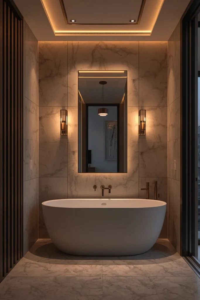 Soft layered lighting creating warm luxury bathroom ambiance