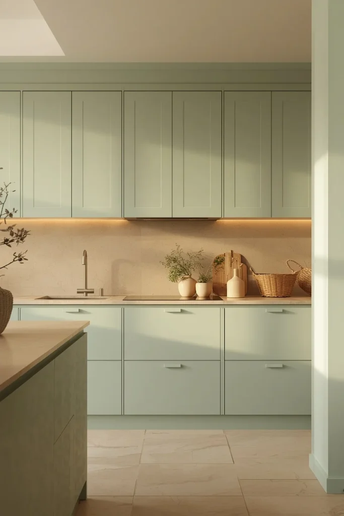 Soft mint green kitchen with warm minimalist decor