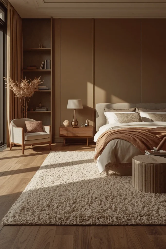 Oatmeal wool rug layered beneath modern bedroom bed