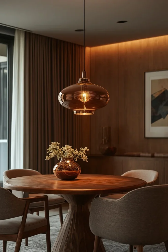 Statement pendant light above cozy dining table