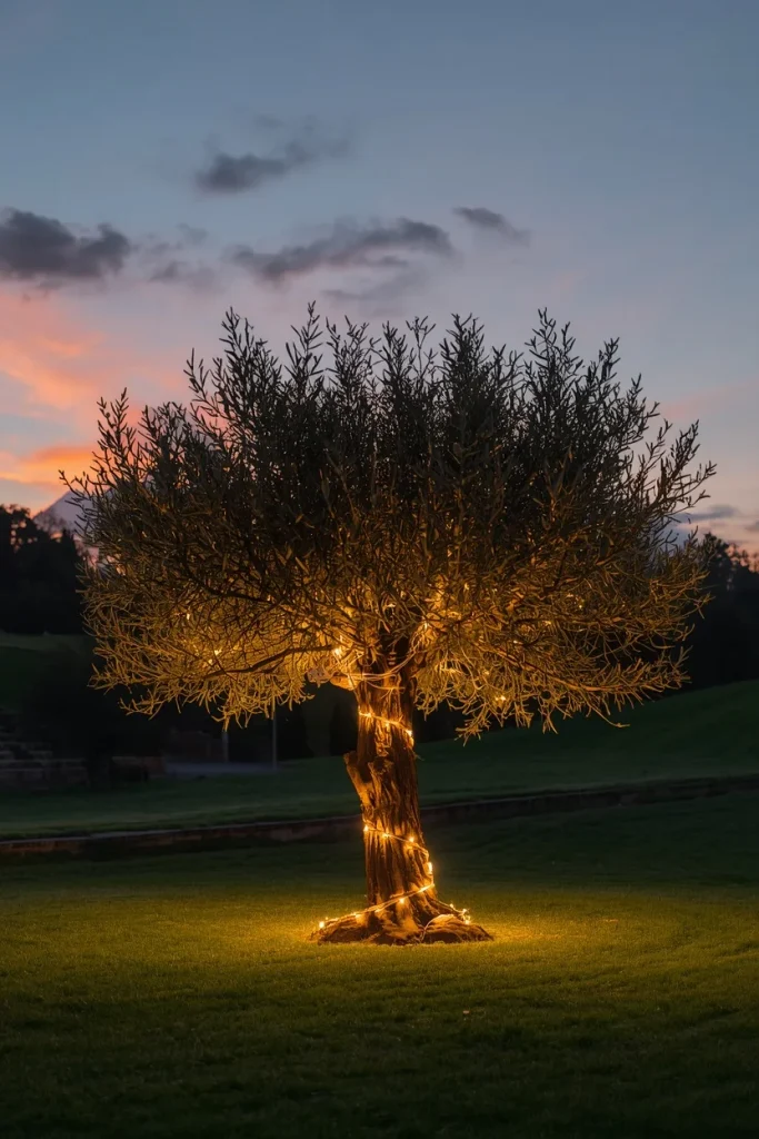Warm string lights wrapped around a backyard statement tree