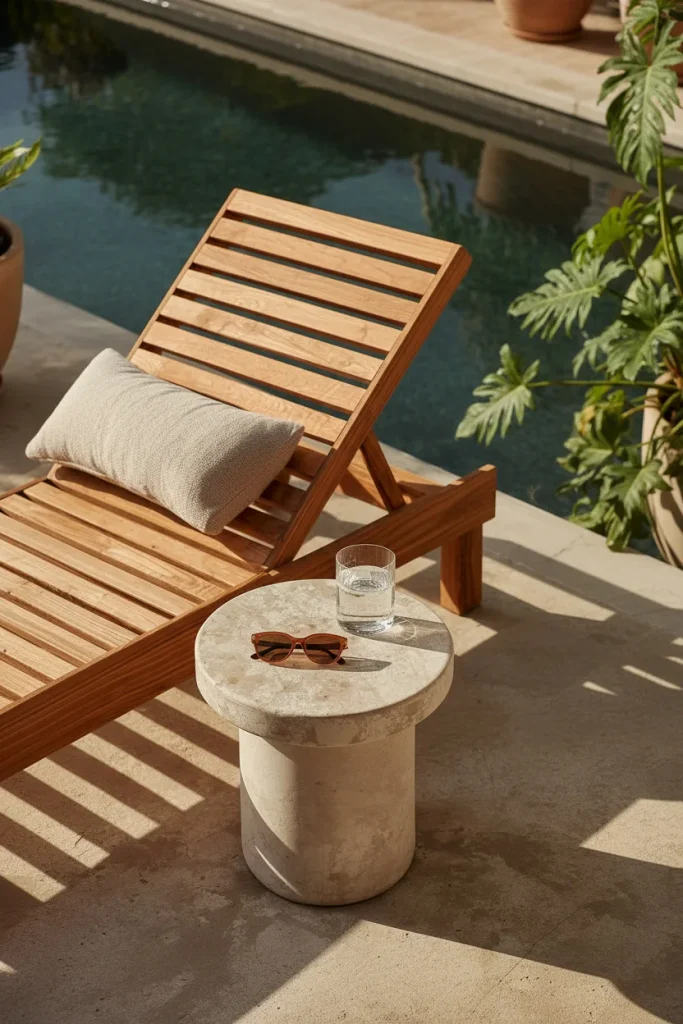 Round stone side table beside pool chairs