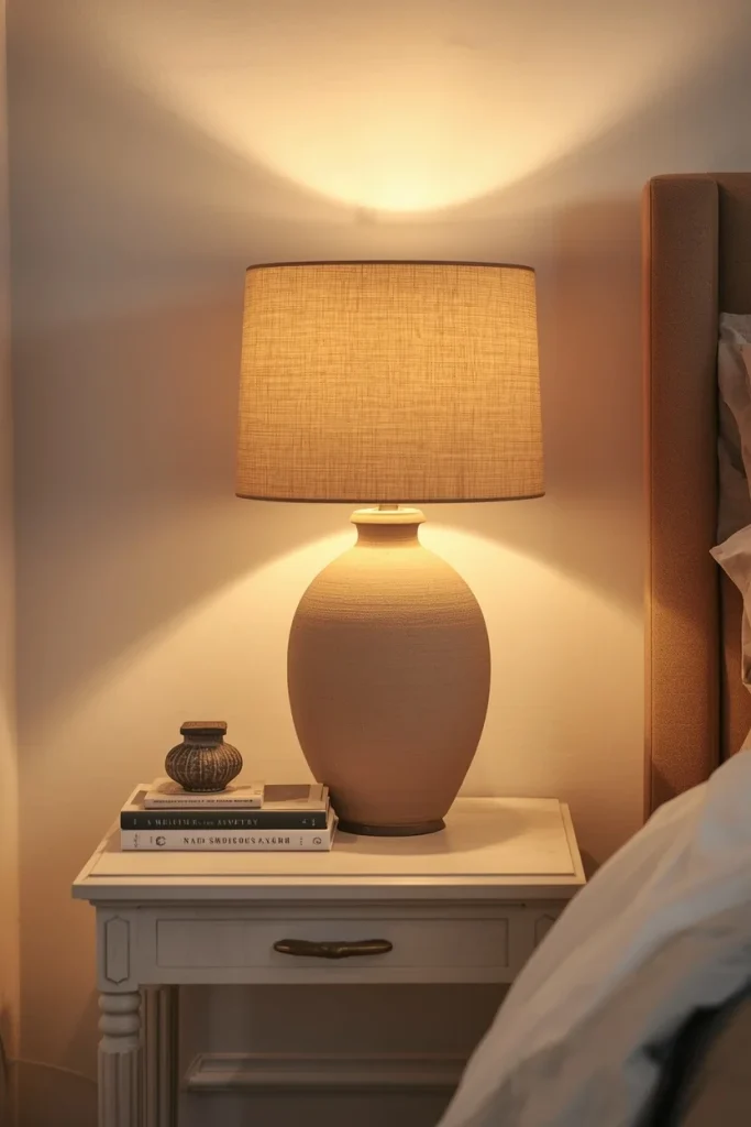 Minimal farmhouse nightstands styled with lamps and books