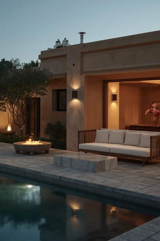 Sunken lounge seating area beside a modern swimming pool