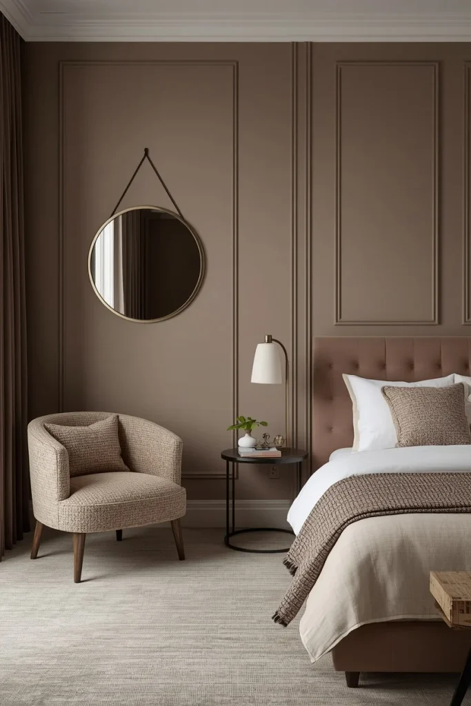 Elegant taupe and mushroom bedroom with textured bouclé furniture