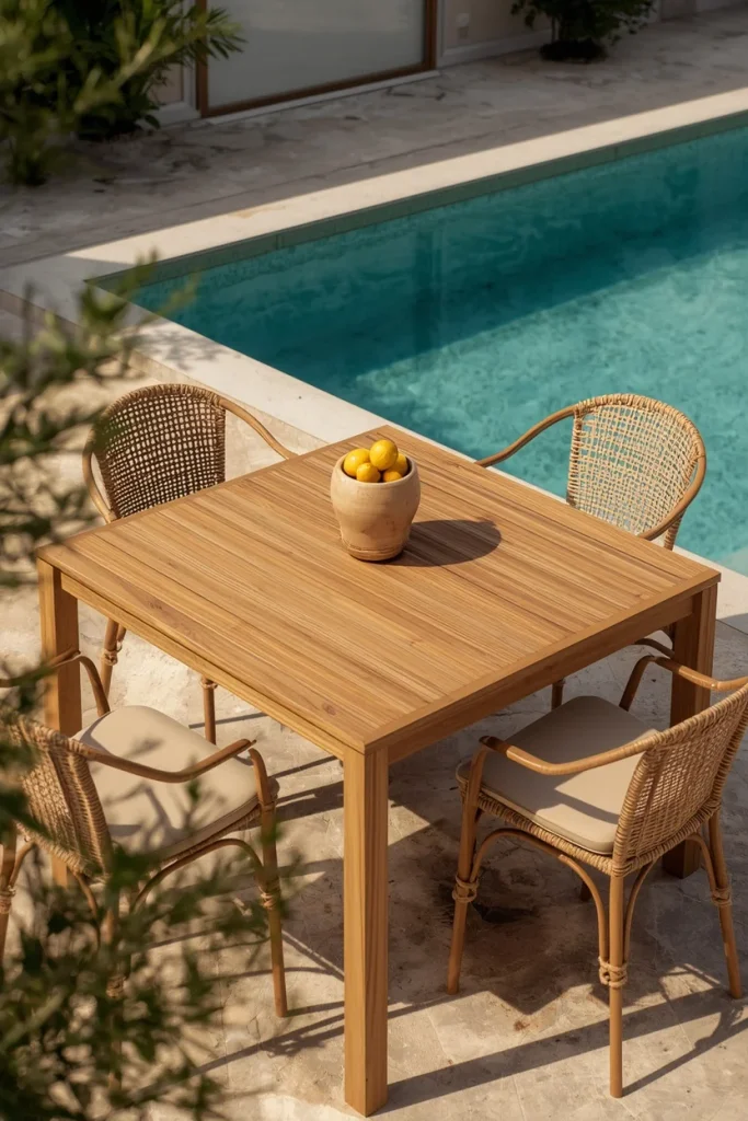 Teak dining table and rope chairs near pool