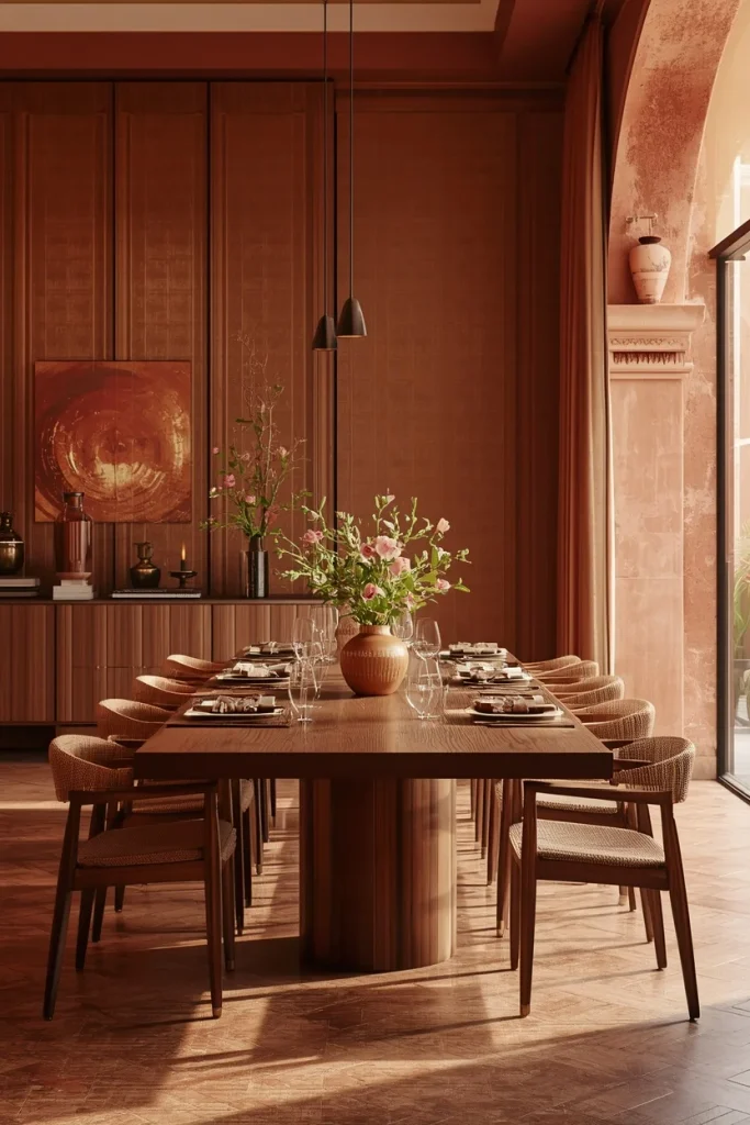 Terracotta clay wallpaper with warm dining furniture