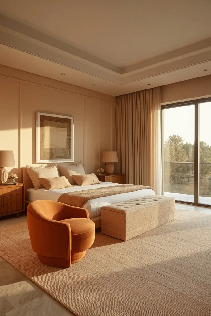 Warm neutral bedroom featuring terracotta accents and walnut furniture