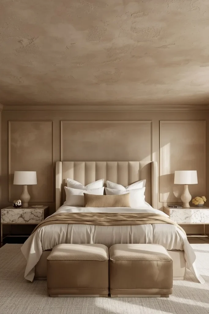 Textured plaster ceiling with a soft limewash finish