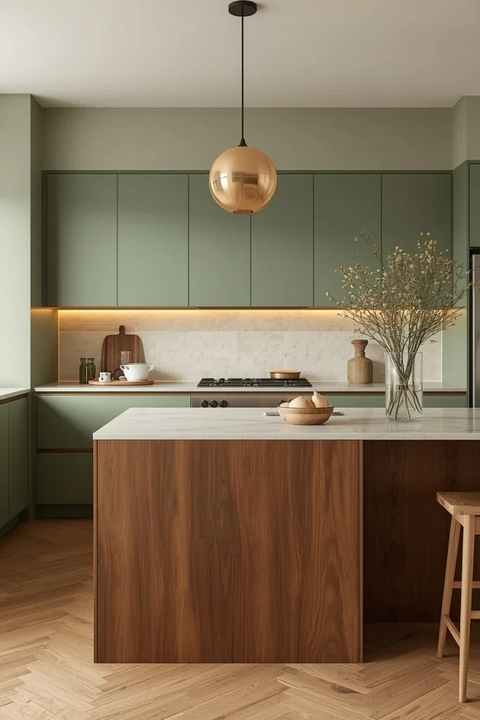 Two-tone green kitchen with natural wood island