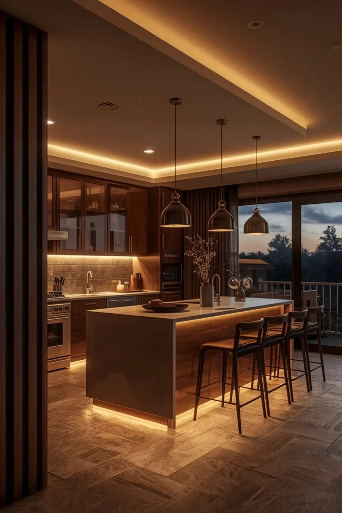 U-shaped kitchen with layered warm lighting