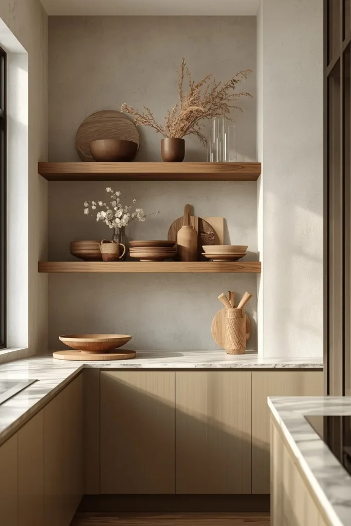 U-shaped kitchen with open wood floating shelves