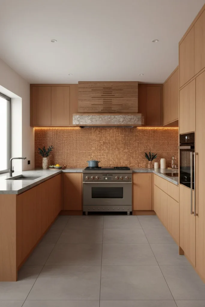 U-shaped kitchen with warm textured tile backsplash