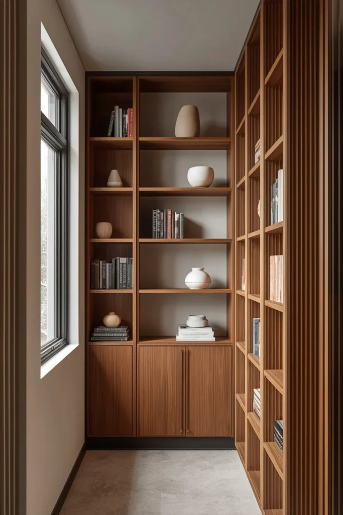 Small living room with tall floating shelves