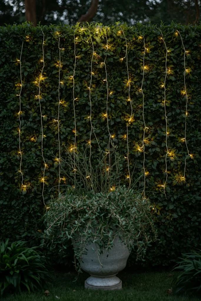 Vertical string lights wrapped through greenery on backyard fence