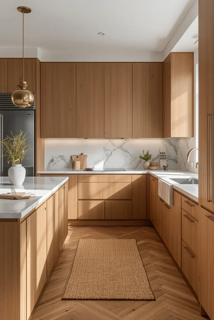 Warm oak U-shaped kitchen with marble counters