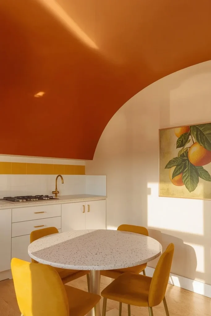 Warm taupe painted ceiling in modern kitchen interior