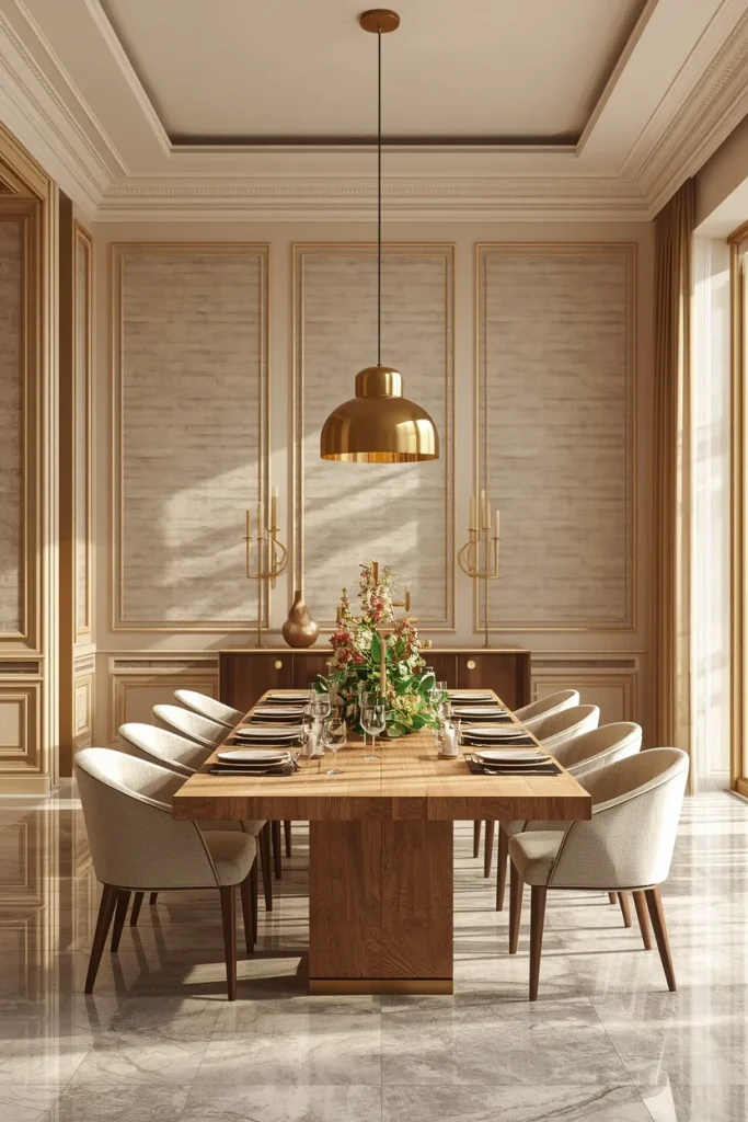 Warm plaster effect wallpaper in elegant dining room