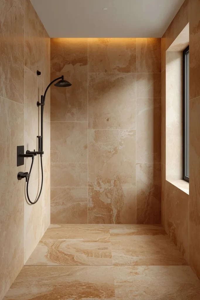 Warm stone tile covering luxury bathroom walls and floor