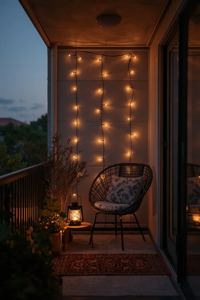 Warm white string lights illuminating a cozy small balcony