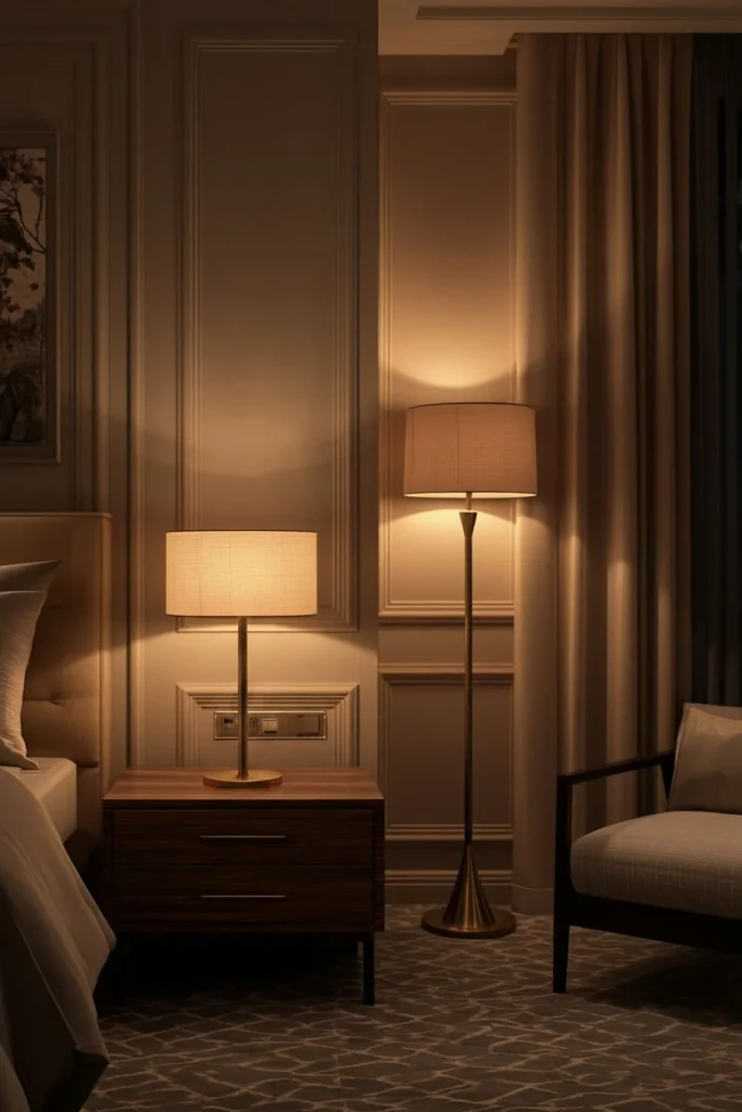 Warm table lamps creating soft light beside bedroom bed