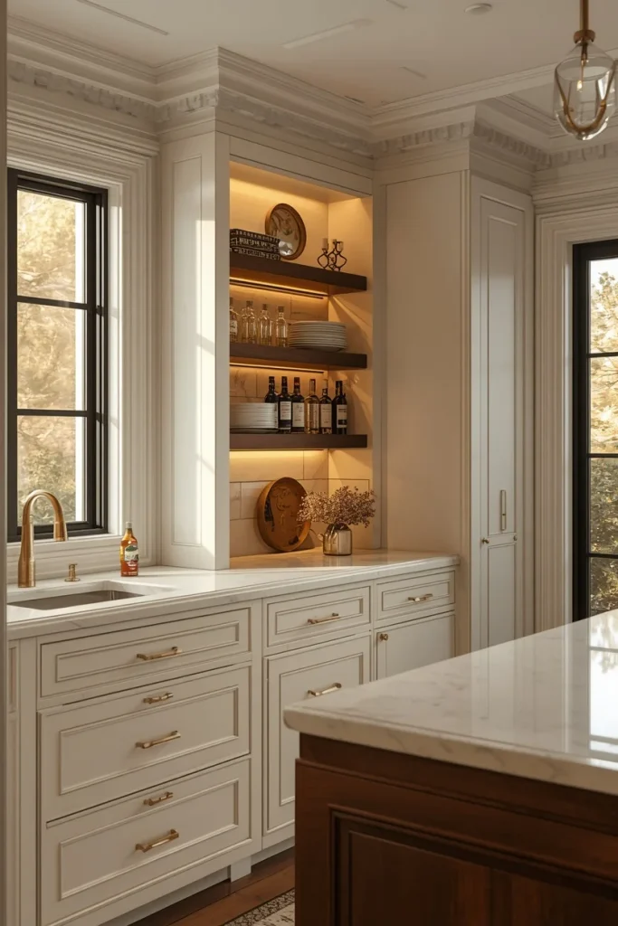 Warm white shaker kitchen cabinets with brushed brass hardware