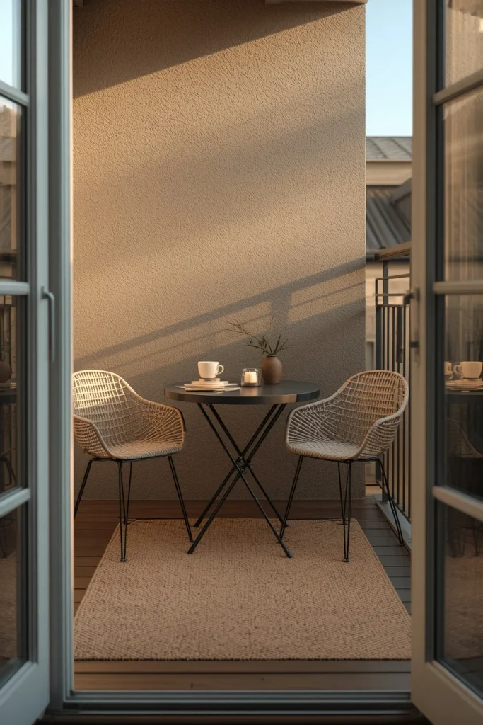 Beige weather-resistant rug defining a small balcony seating area