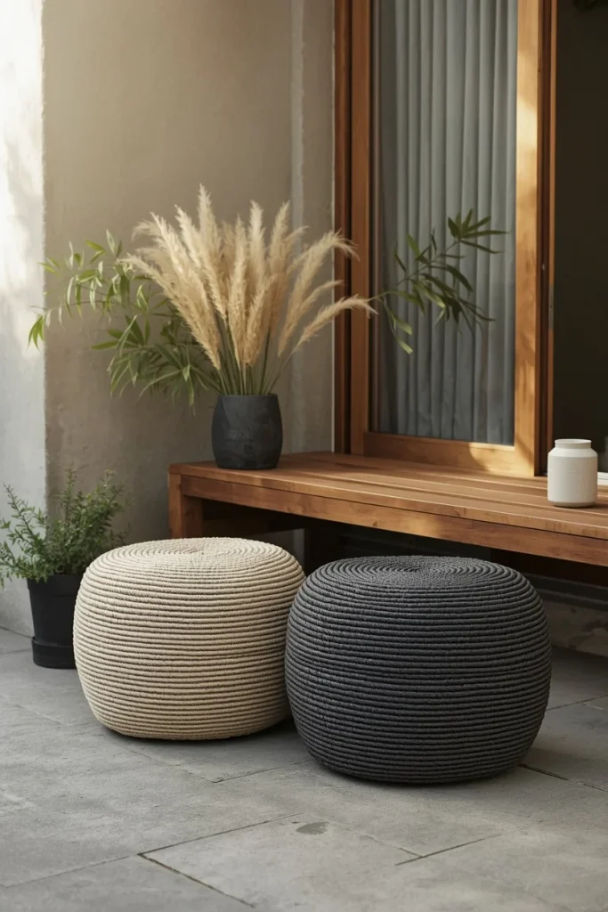 Woven weatherproof poufs arranged on small patio