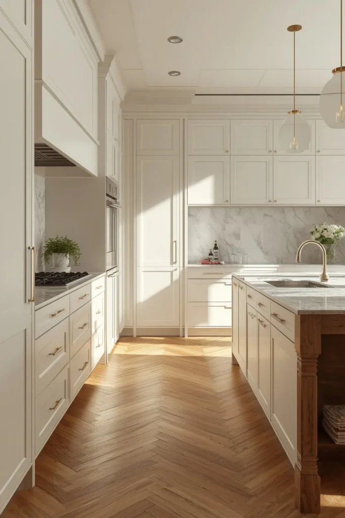White shaker kitchen cabinets with a bold patterned kitchen floor