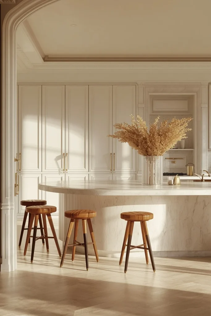 White shaker kitchen cabinets with a curved furniture-style peninsula