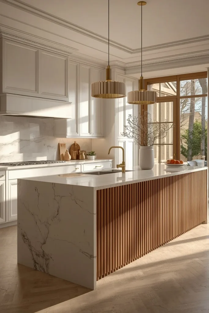 White shaker kitchen cabinets with a fluted wood island