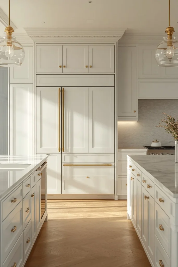 White shaker kitchen cabinets hiding built-in appliances