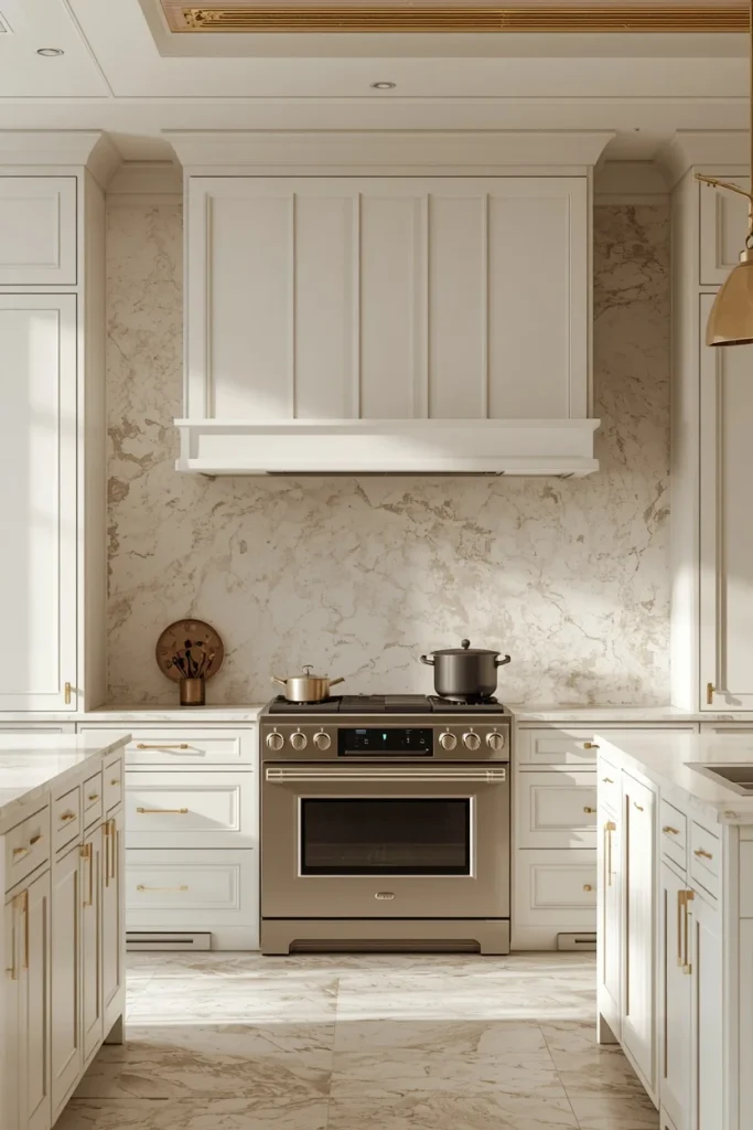 White shaker kitchen cabinets with a limestone backsplash