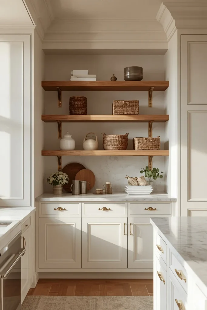 White shaker kitchen cabinets with open wood shelves
