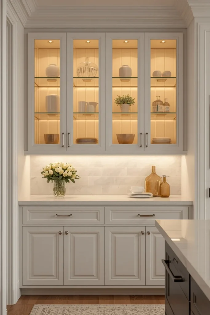 White shaker kitchen cabinets with ribbed glass cabinet doors