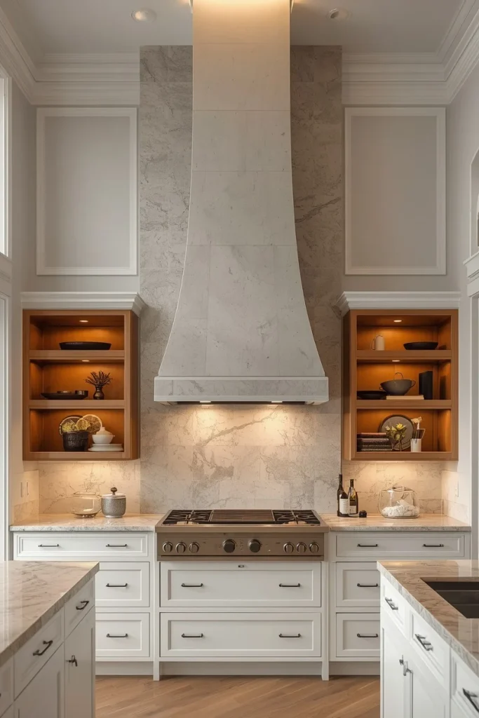 White shaker kitchen cabinets with a statement range hood