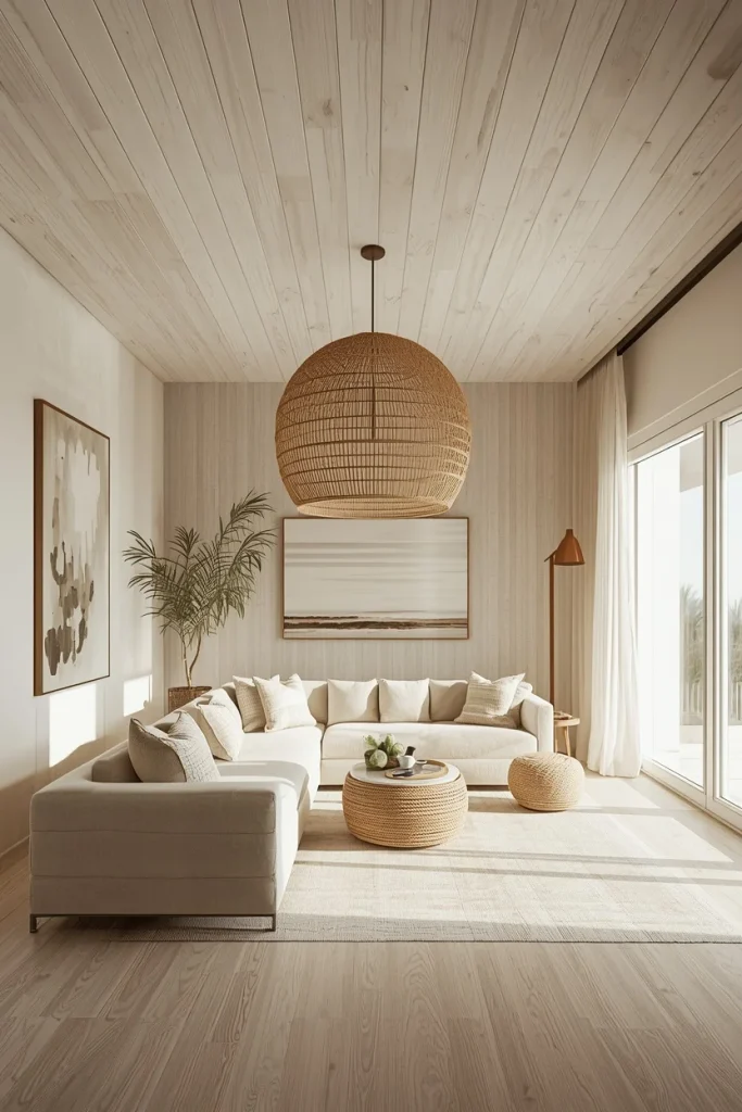 Whitewashed pine plank ceiling in a coastal modern room