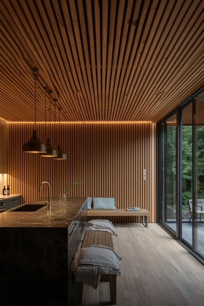 Wood slat ceiling with built-in kitchen lighting