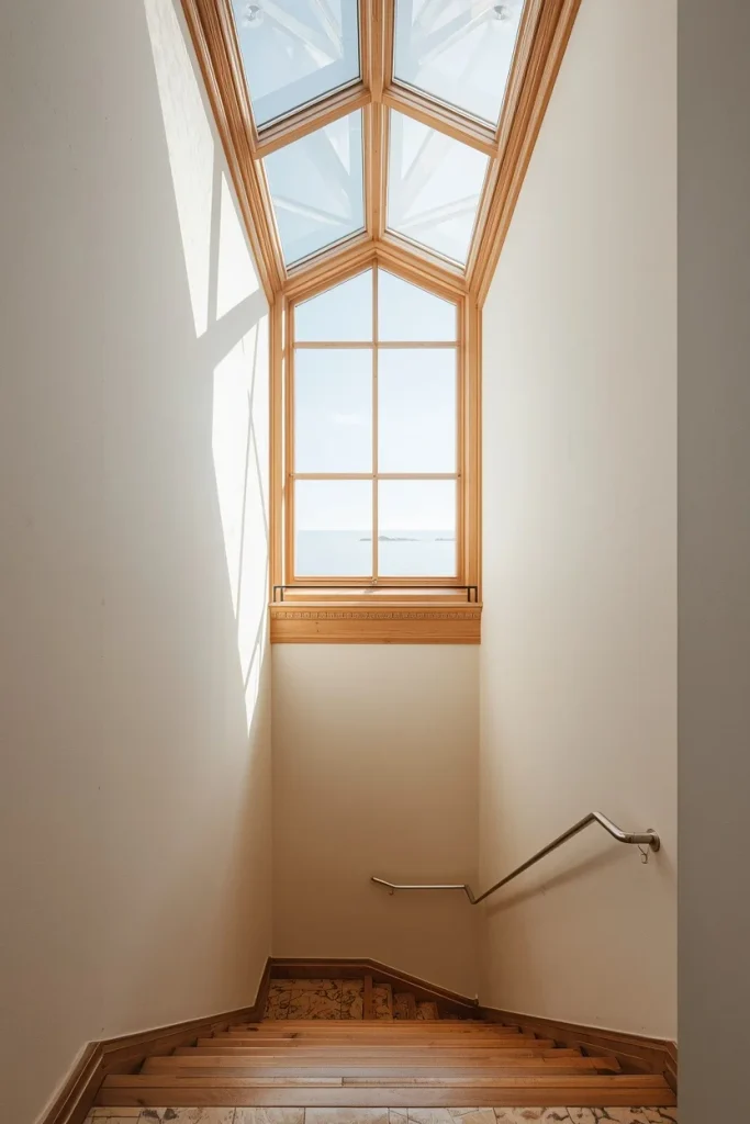 Skylight framed with warm wood trim in a bright interior