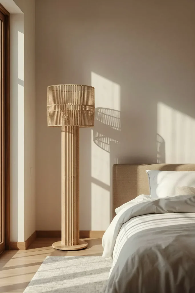 Woven rattan floor lamp for Japandi bedroom